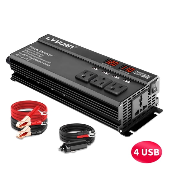 1300W/2600W Power Inverter DC 12V to AC 110V Car Inverter 4 AC Outlets & 4 USB Ports (3.1A), LED Display for RV, Truck, Camping, Home, Emergency Power Black