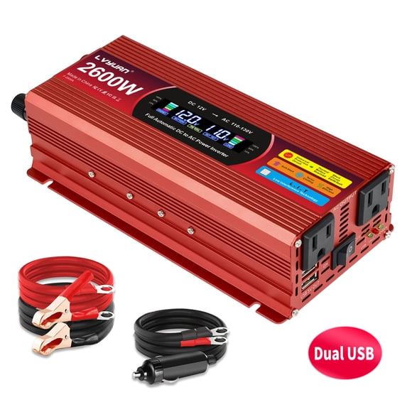 1300W 2600W Peak Power Inverter DC 12V to AC 110V, Modified Sine Wave Car Inverter with Dual USB (3.1A) & 2 AC Outlets, LCD Display – for Camping, RV, Trucks, Home Emergency Red