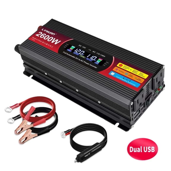 LVYUAN 1300W 2600W Peak Power Inverter, DC12V to AC110V Power Converter, Battery Converter Charger with 2 US AC Outlets, Dual USB Ports, LCD Display for Car, RV, Truck, Camping & Home Emergency Black
