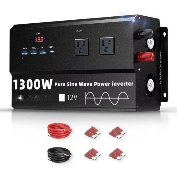 1300W Pure Sine Wave Power Inverter 12V DC to 110V 120V AC for Solar, | Inverter for with 4 AC Outlets & 4 USB (30W QC & PD), LCD Display, 2600W , Converter for RV Off-Grid Camping