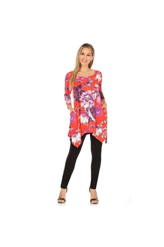 1301-57-S Floral Scoop Neck Tunic Top with Pockets, Red & Purple - Small