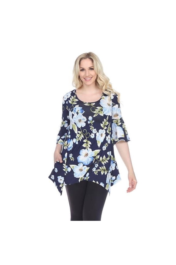 1308-85-M Flower Blanche Top-Tunic, Blue - Medium