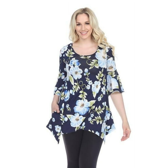 1308-85-S Flower Blanche Top-Tunic, Blue - Small