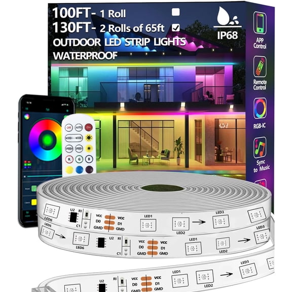 130FT (2 Rolls 65FT) Outdoor  Strip Light ,IP68 Outside +IC Light Strip with App/Remote Control,Chase Mode,Music Sync Rope Light for Balcony,Deck,Rooftop,Garden,Pool