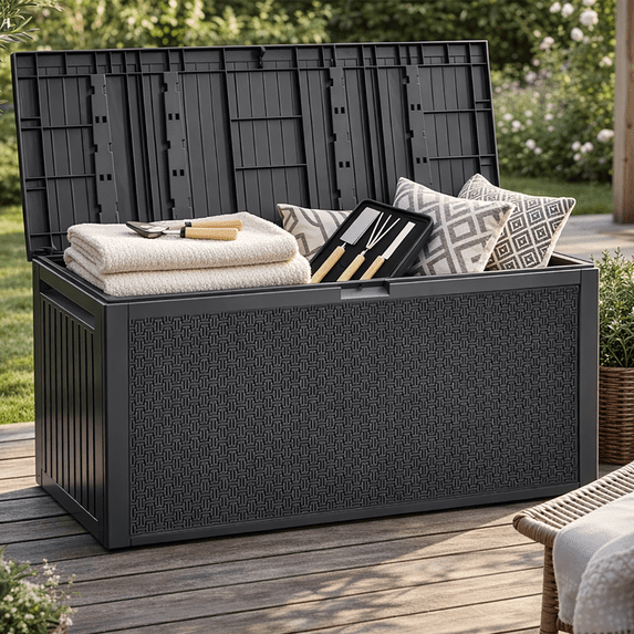 Seizeen 90Gal Gray outdoor deck box, waterproof storage for pool accessories and patio furniture