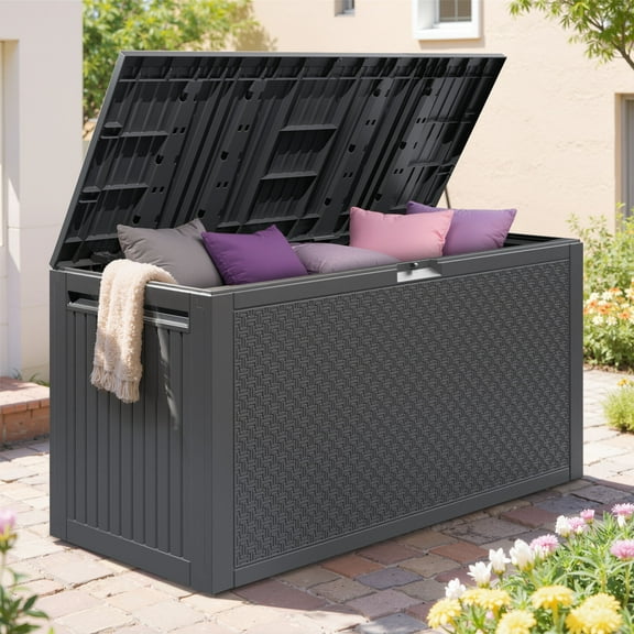 90Gal Outdoor Deck Box, Waterproof Storage Box for Pool Accessories, Patio Outdoor Storage Bench Furniture for Garden, Gray