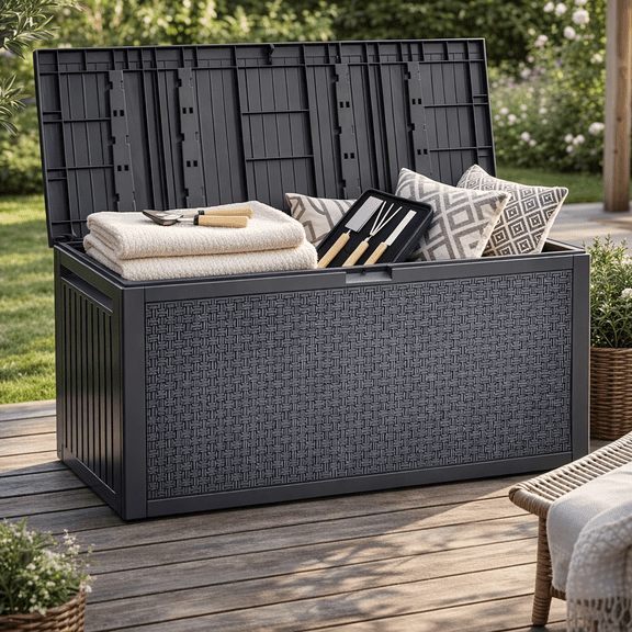 90Gal Outdoor Deck Box, Waterproof Storage Box for Pool Accessories, Patio Outdoor Storage Bench Furniture for Garden, Gray