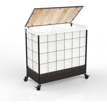 130L Double Laundry Hamper with Lid, Laundry Basket with Rolling Wheels, Handwoven PP Rattan and Metal Frame Clothes Hamper, Removable Liner Bags, for Laundry Room, Bedroom, Bathroom