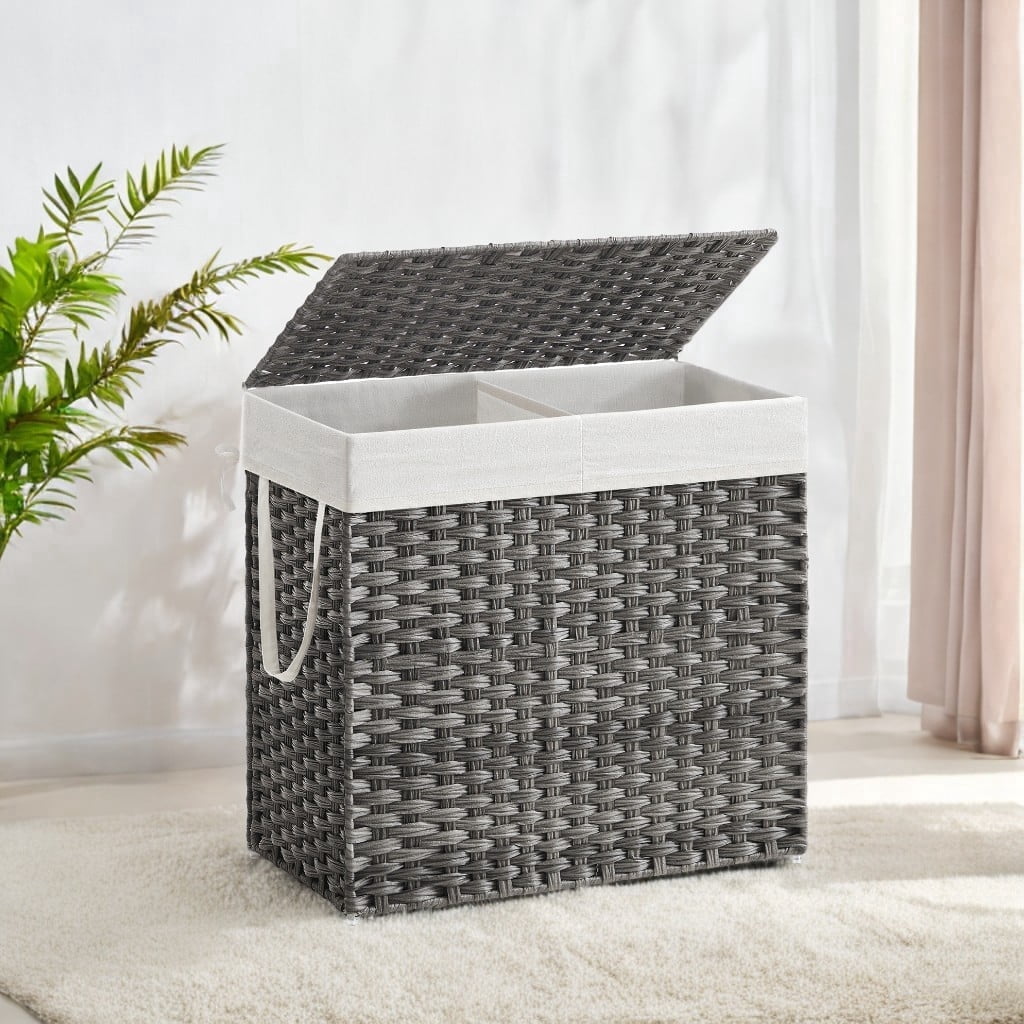 130L Double Laundry Hamper with Lid Clothes Hamper with 2 Removable Liner Bags and 6 Mesh Bags Laundry Storage for Laundry Room Gray