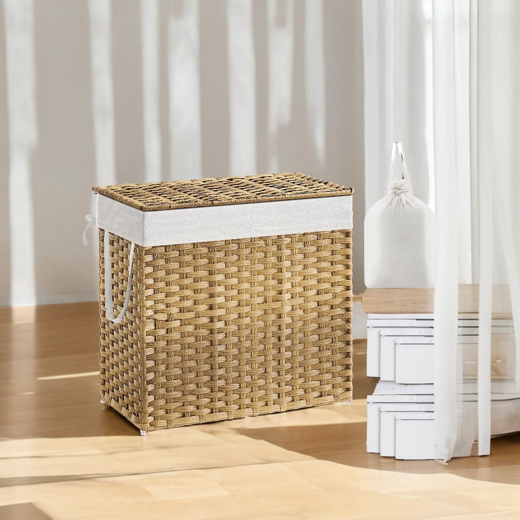 130L Double Laundry Hamper with Lid Clothes Hamper with 2 Removable Liner Bags and 6 Mesh Bags Laundry Storage for Laundry Room Natural
