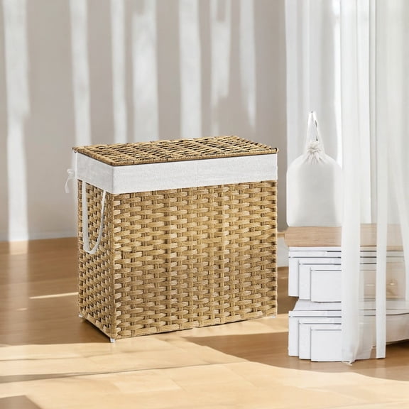 130L Double Laundry Hamper with Lid Clothes Hamper with 2 Removable Liner Bags and 6 Mesh Bags Laundry Storage for Laundry Room Natural