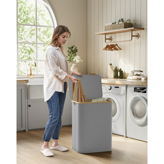 130L Laundry Hamper with Lid 3-Section Large Laundry Basket Removable Mesh Liner Bamboo Handles Collapsible Dove Gray