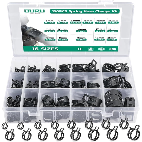 130PCS 6-25mm Spring Band Hose Clamps Assortment kit, Constant Tension Hose Clamps for Fuel Lines, Silicone Vacuum Hoses, Water Pipe, Low-Pressure Air Clips