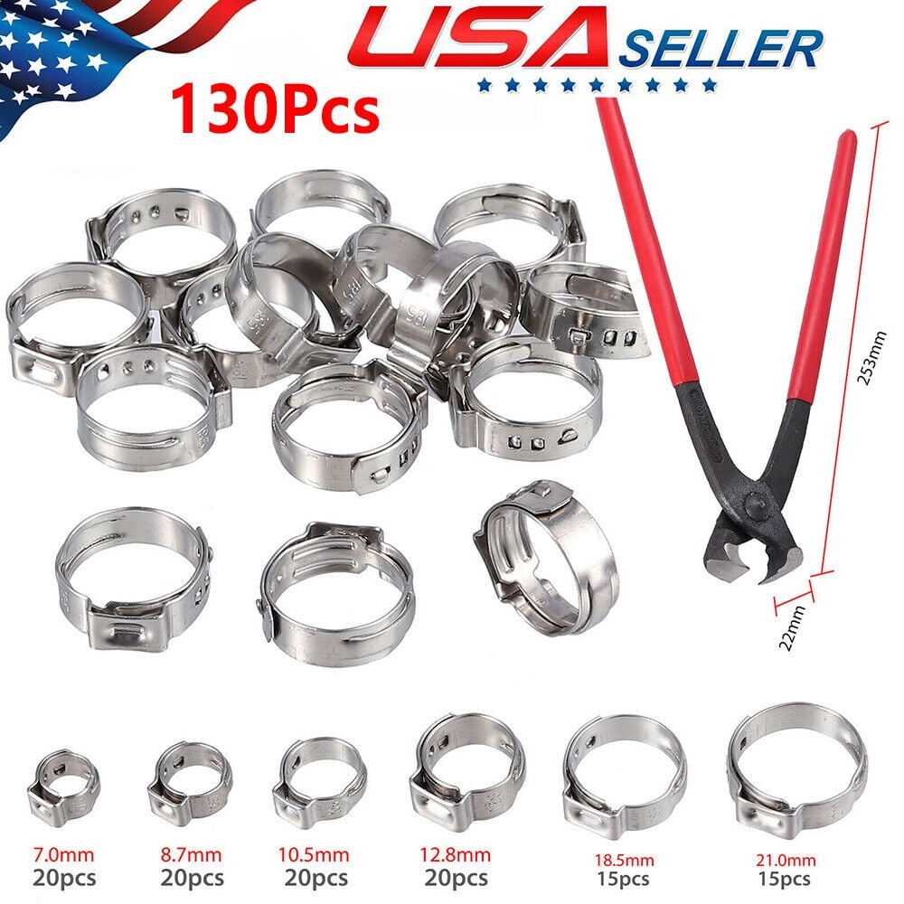 130PCS Single Ear Stepless Hose Clamp Stainless Steel + Pincer Crimper
