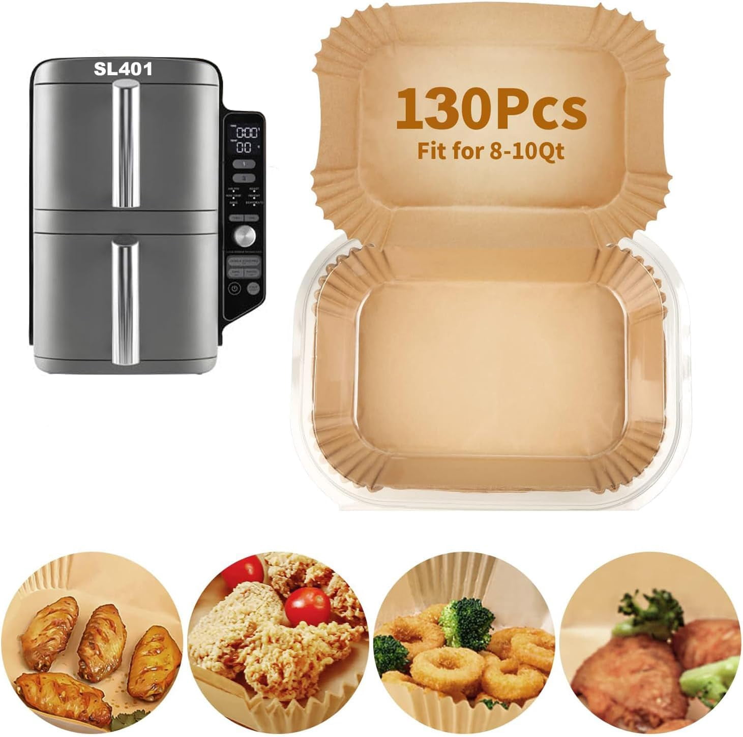 130PCs Air Fryer Liners Disposable for Ninja SL401/SL451, Rectangle Baking Parchment Paper Ninja DoubleStack XL Air Fryer Inserts Accessories, Food-Grade Paper Liners for Ninja DZ201/DZ401/DZ550