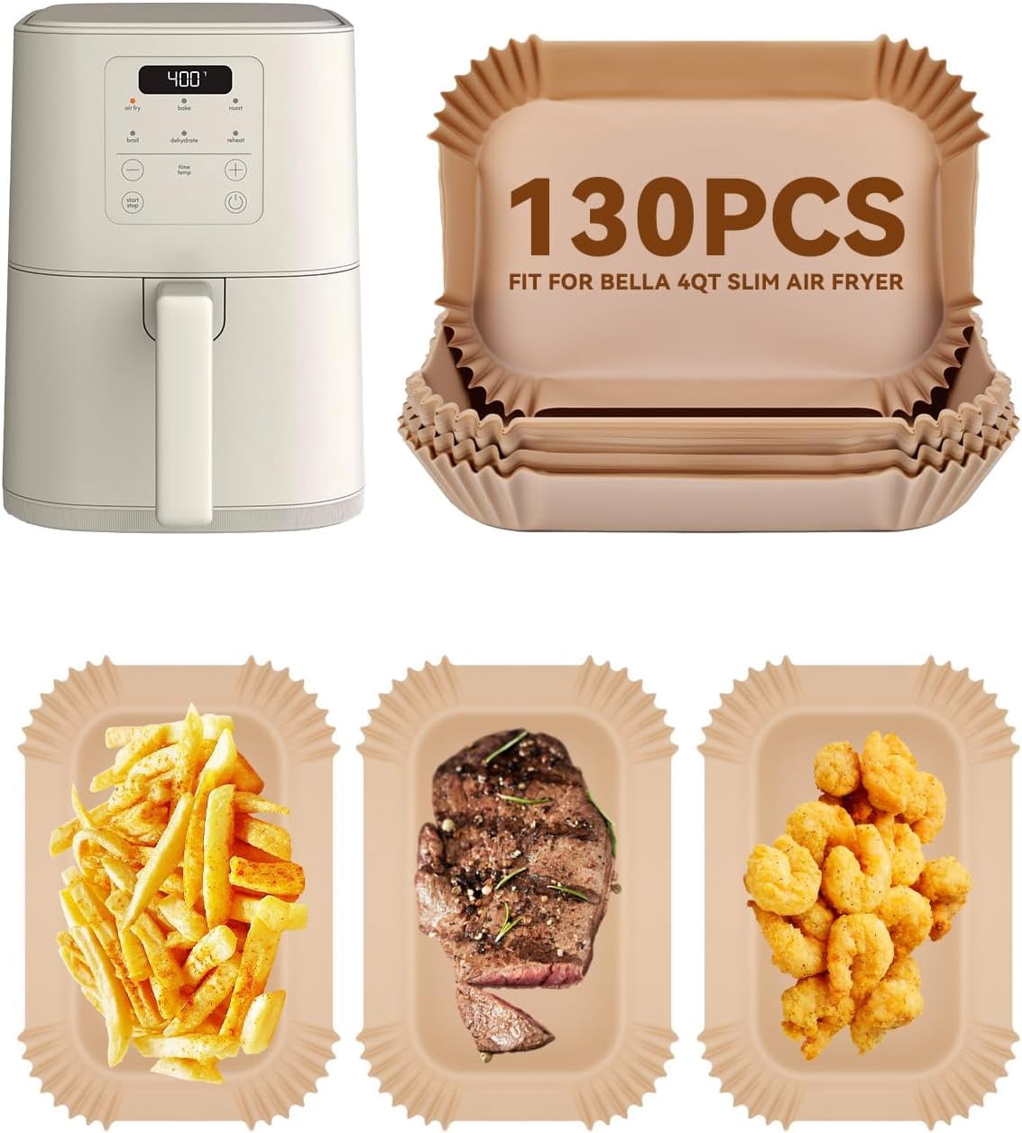 130PCs Liners for bella 4Qt Slim Air Fryer(3.3lb Capacity), Rectangular Airfryer Disposable Parchment Paper Liner, Non-Stick Food-grade Air-Frier Accessories Rectangle Free of Bleach