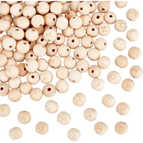 130Pcs 14mm Round Alphabet Wooden Beads - 4mm Hole Natural Undyed Laser Engraved Letters A-Z for Jewelry Making DIY Crafts