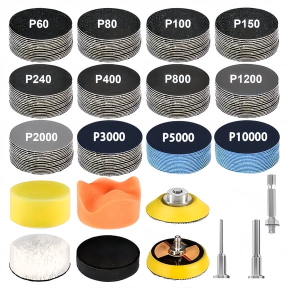 129 Pcs 2 Inch Sanding Disc Polishing Pad Kit, 60‑10000 Grit Hook & Loop Sandpaper Discs with Buffing Sponge Wool Pads, Drill Mandrels for Car Paint Metal Wood Grinding Polishing Detailing