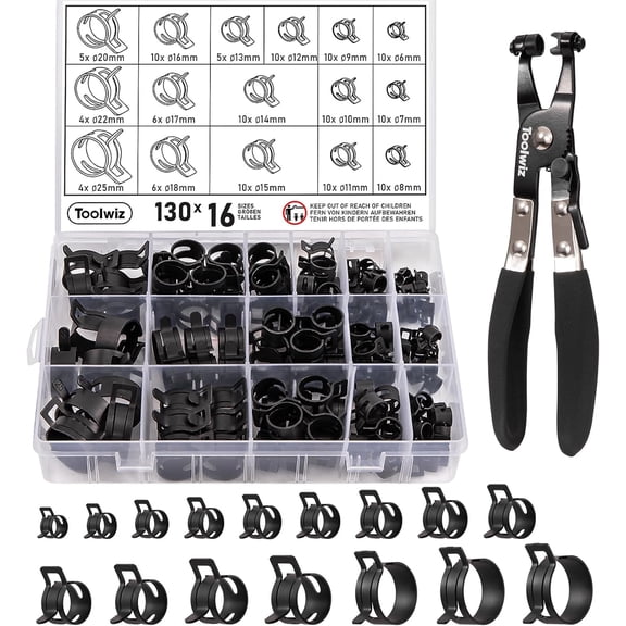 130Pcs 6-25mm Spring Band Hose Clamp Assortment with Swivel Clamp Pliers, Constant Tension Radiator Hose Clamps, Black Hose Clips for Fuel Line, Silicone Vacuum Hose, Air Tube, Water Pipe