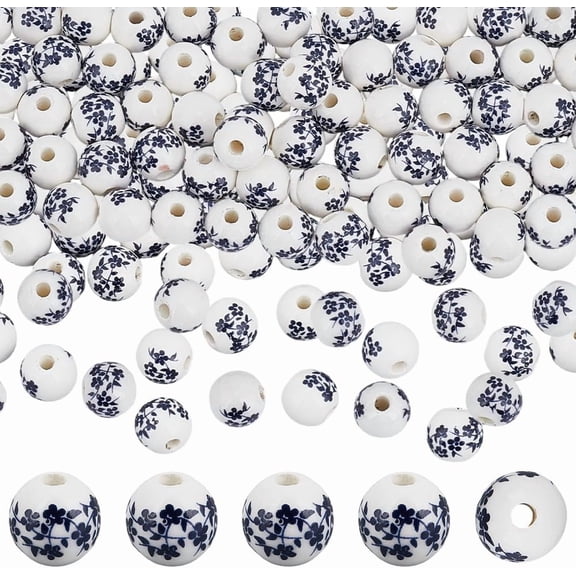 130Pcs Floral Printed Porcelain Beads Flower Patterned Ceramic Beads Round Pearl Pink 10mm