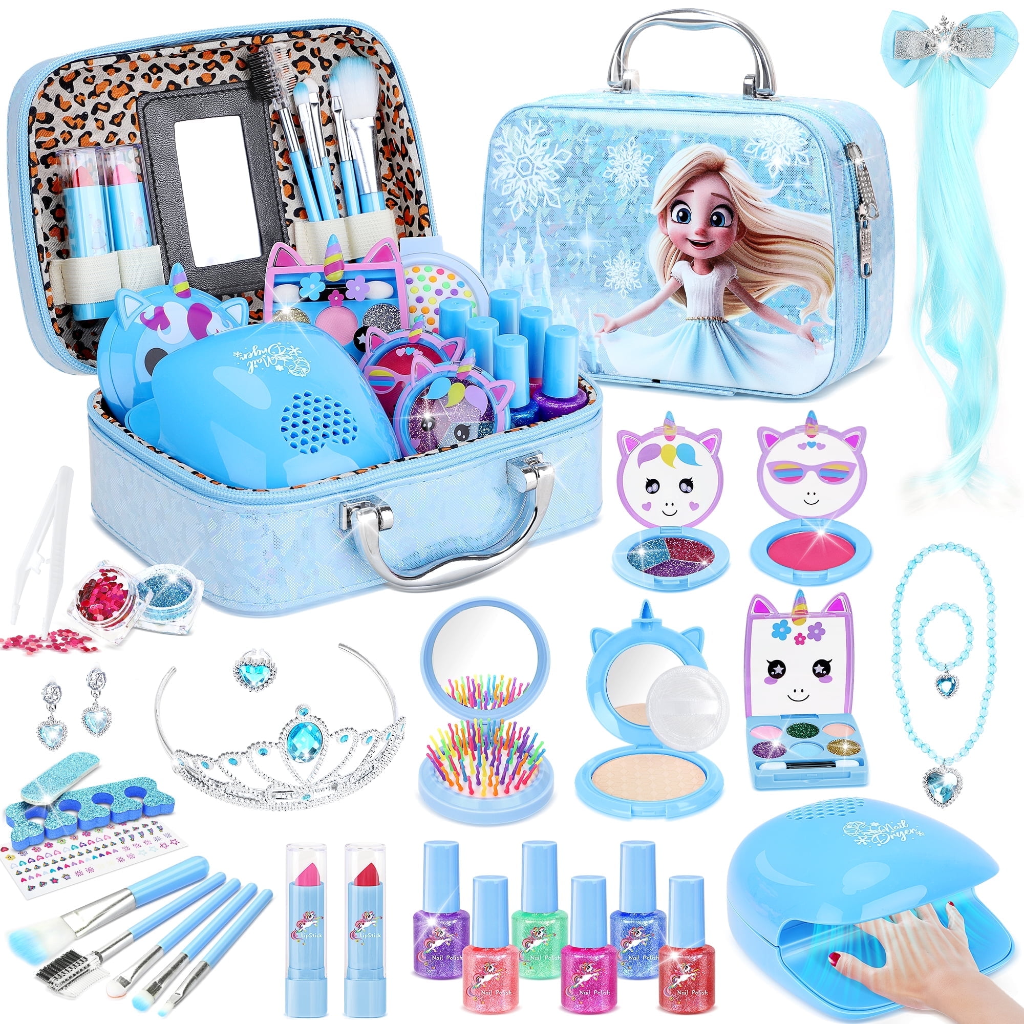 PERRYHOME 2 In 1 Kids Makeup Girls Frozen Toys & Kids Nail Polish Set for Girls, Non-Toxic Quick Dry Nail Art Salon Kit with Nail Dryer and Peelable Nail Polish, Ideal Gift Toys for Girls Age 3-12