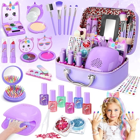 AAGILA Kids Makeup Kit for Girl - 2 In 1 Kids Washable Makeup Toys & Nail Art Kits with Nail Dryer, Princess Dress Up Set for Girls, Real Girls Makeup Set for Ideal Gifts Toys for 3-12 Year