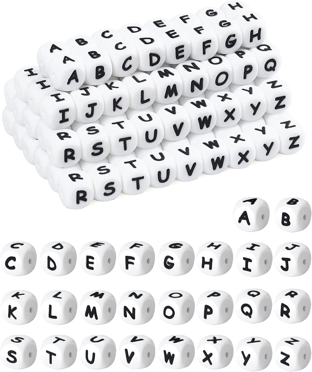130Pcs Silicone Letter Beads, 12mm Square Alphabet Beads for Bracelets, Keychains, Necklaces and Lanyards Making (White)
