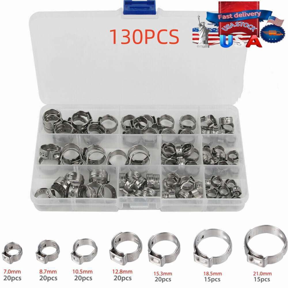 130Pcs Stainless Steel Hose Clamps 7-21mm Adjustable Single Ear Clamp Rings USA
