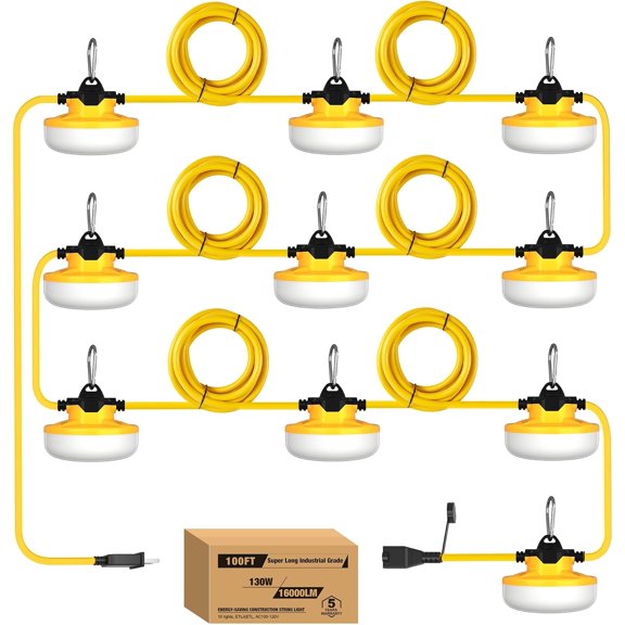 130W 16000LM Construction String Lights Temp Lighting 100FT Industrial LED Work String Lights, IP65 Waterproof, Super Bright for Construction Sites Temporary Work Jobsites Outdoor Lighting