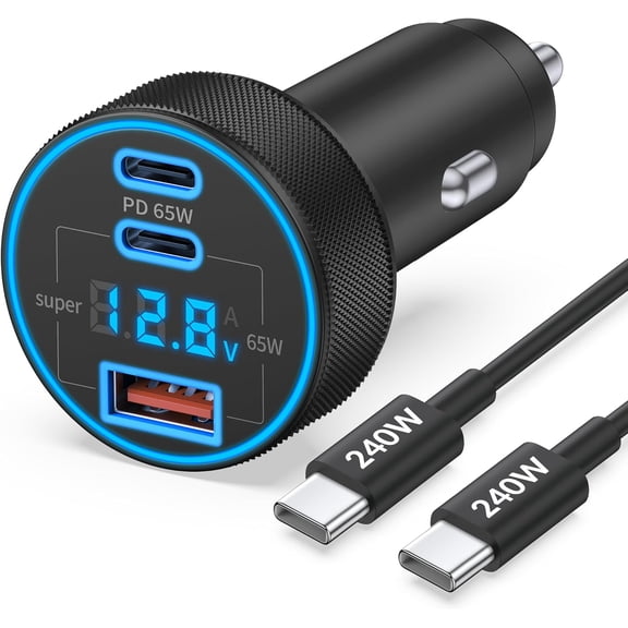 130W 3-Port USB C Super Fast Car Charger (with Voltage Display) for Galaxy S26/S25/ S24/S23/S22 Ultra/Z Fold/Flip, Android Phone, Type C Car Charger Adapter Accessories + 240W 3FT USB C Cable