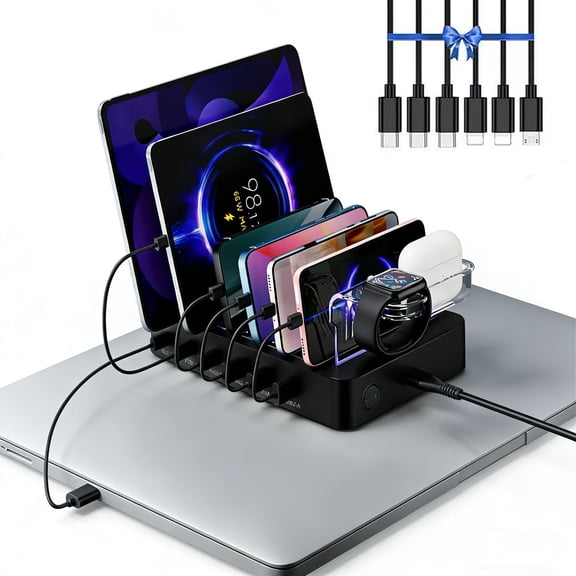 130W Multi-Device Charging Station, 6-Port Fast Multi-Device Charger Organizer Compatible with Mac Book Pro, Phones, iPad,Tablets