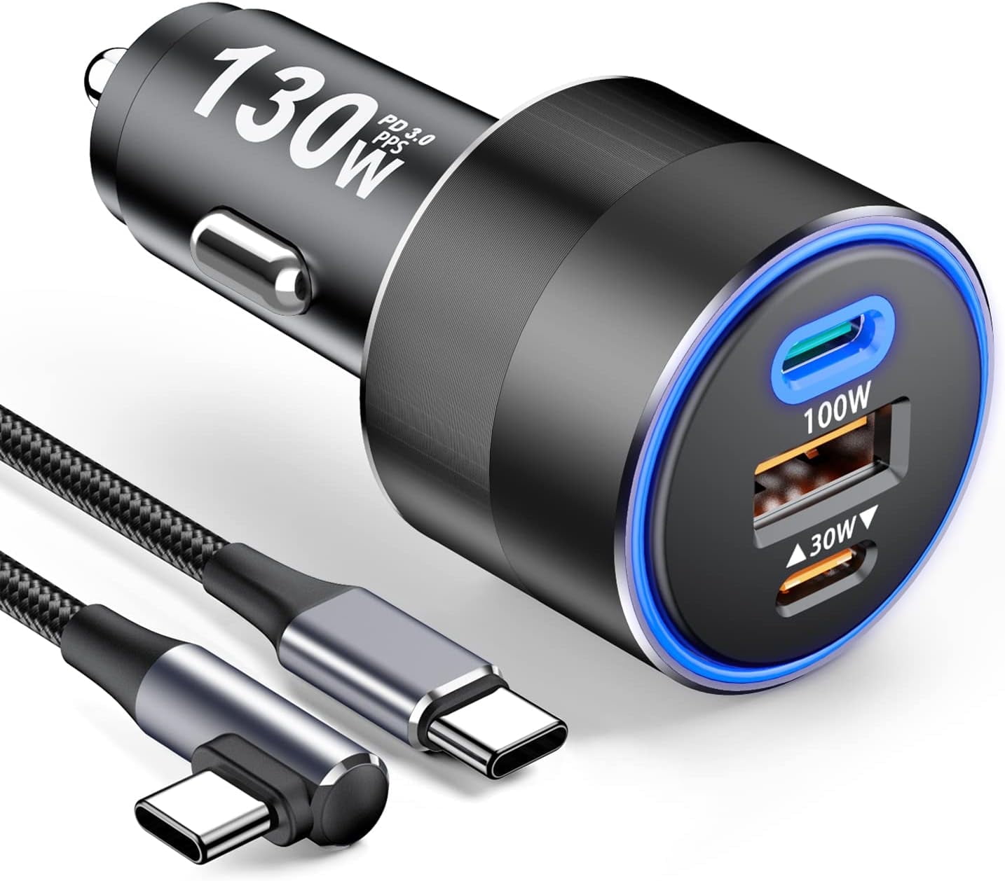 130W USB C Car Fast Charger with 100W Cable,PD 100W PPS 45W QC5 30W Cigarette Lighter Type C Charger for iPad Pro MacBook Pro Air Laptop iPhone 15 14 13 Pro Max Plus Samsung S23 Ultra S22 S21