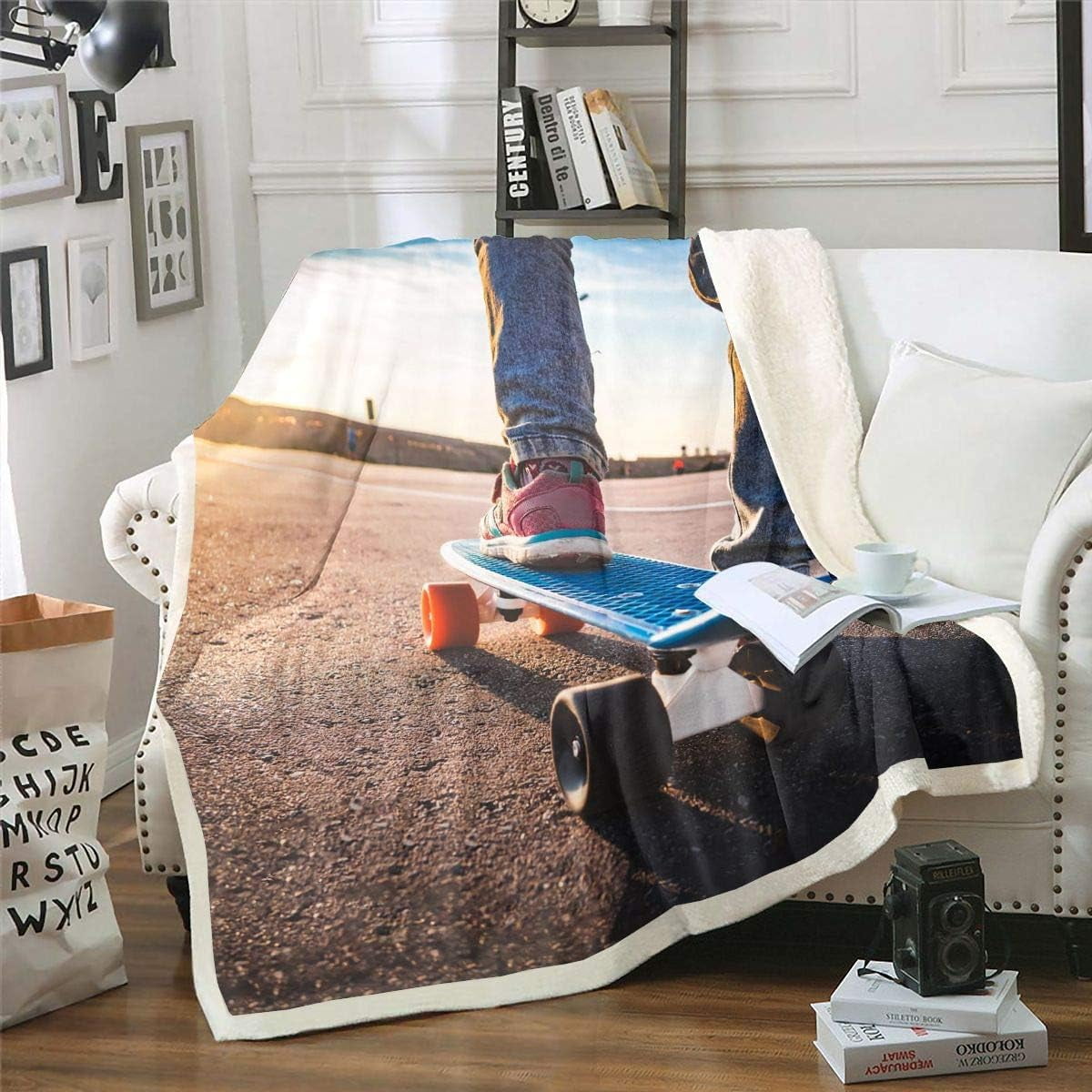 130X100CMSherpa Fleece Blanket for Skateboard Extreme Sports Fleece