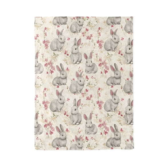 130X150Cm Easter Flannel Bunny & Flower Digital Print Blanket - Super Soft Comfortable, Indoor Outdoor Use, Easy To Wash Dry - Mum Gift For Mother's Day Birthday Christmas
