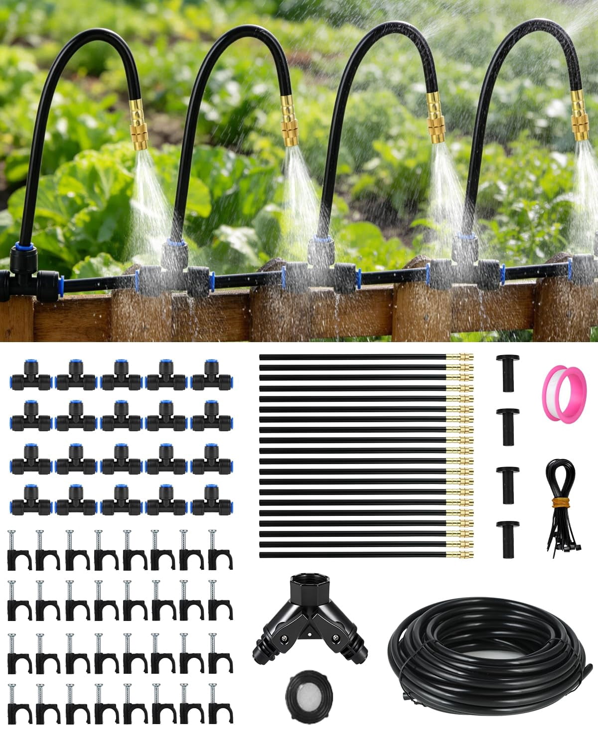130ft Drip Irrigation System For Garden: 20 Nozzles 1/4" Pe Tubing Automatic Watering Kit Adjustable Misting Sprinkler Mister Hose Water Plants Tape Raised Beds Lawn Outdoor Yard Greenhouse