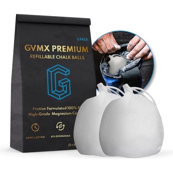 130g (2 x 65g) Premium Chalk Balls. Pro-Grade Gym Chalk in Refillable Sock. Eco Friendly Packaging. Grip Enhancing Gym Accessory for Weightlifting, Rock Climbing, Gymnastics & More. Package May Vary.