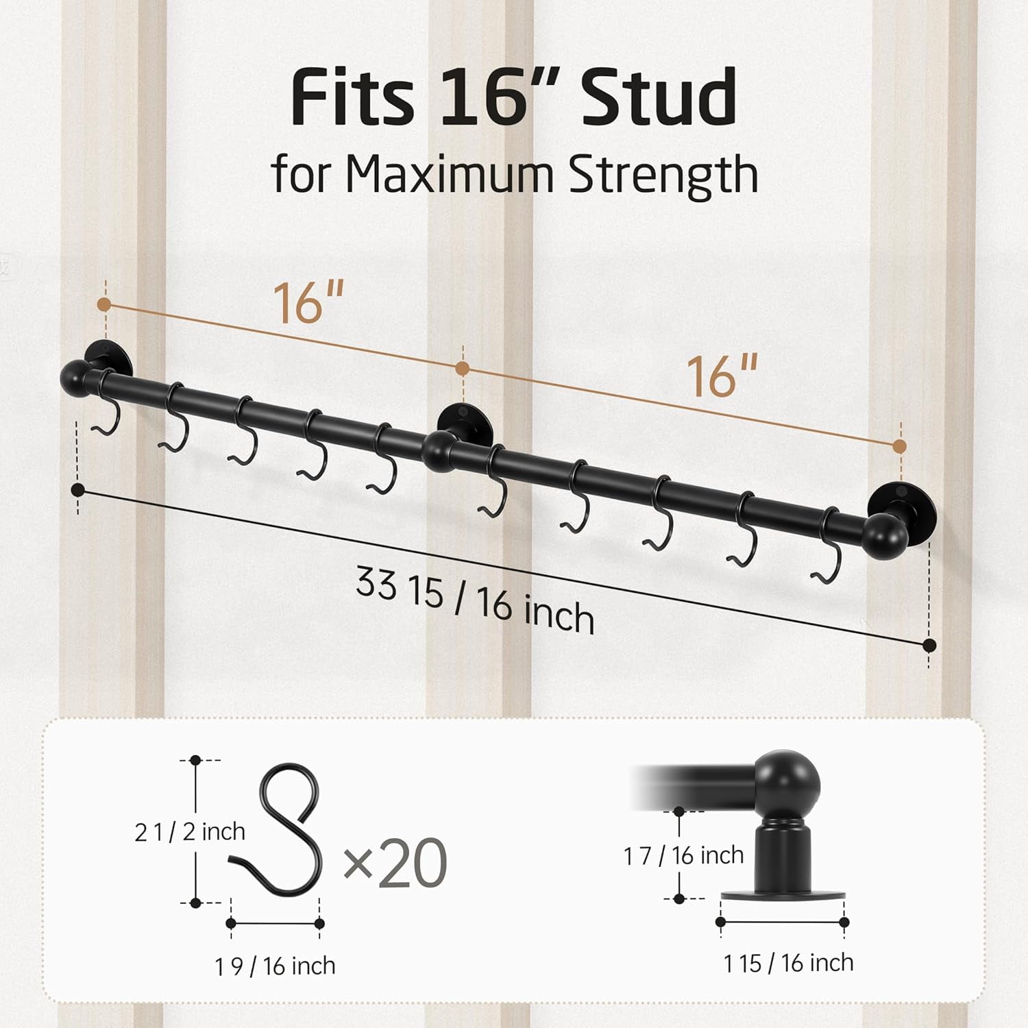 Stud Rack Design 130lb High-Capacity Pot Rack Wall Mounted with 3X Thick Tube, 32 Inch ...