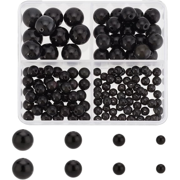 130pcs 4 Sizes Black Natural Obsidian Beads 4/6/8/10mm Round Stone Beads Natural Gemstone Beads Loose Spacer Beads for Jewelry Making Bracelets Necklaces Earrings DIY Crafts 1mm Hole Making DIY
