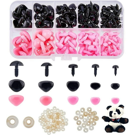 130pcs 5 Sizes Plastic Safety Noses with Washer Triangle Animal Doll Nose Black and Pink Craft Amigurumi Nose Sets for Doll Puppet Bear Plush Crochet Projects DIY Animal Making