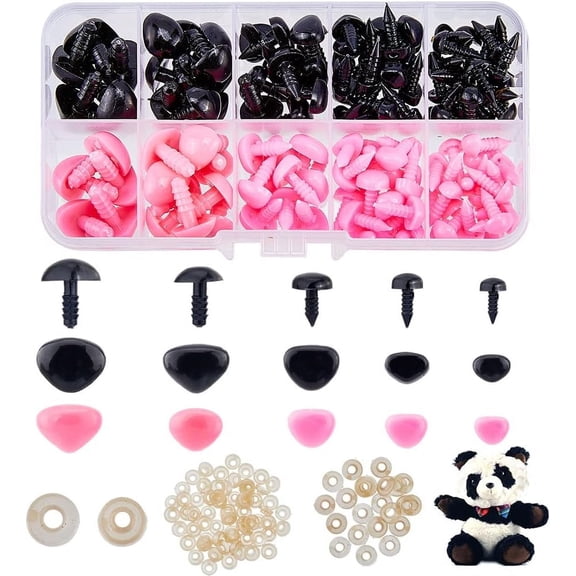 130pcs 5 Sizes Plastic Safety Noses with Washer Triangle Animal Nose Black and Pink Craft Amigurumi Nose Sets for Puppet Bear Plush Crochet Projects DIY Animal Making