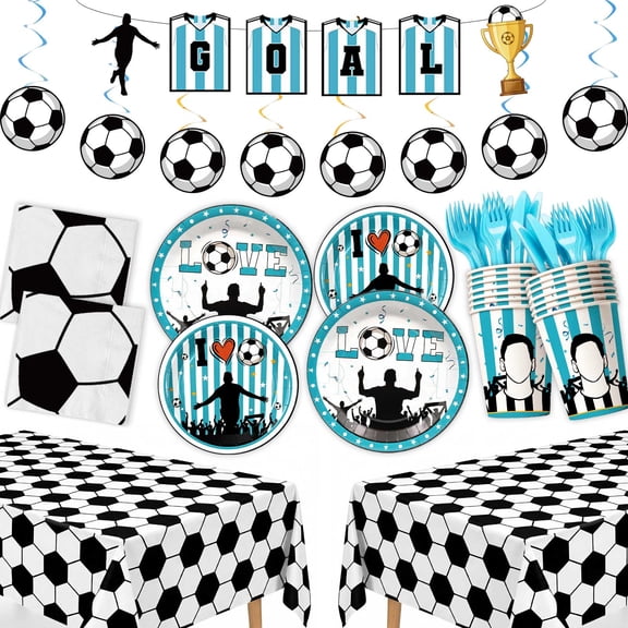 155pcs Blue and White Soccer Birthday Party Tableware Set for 24 Guests