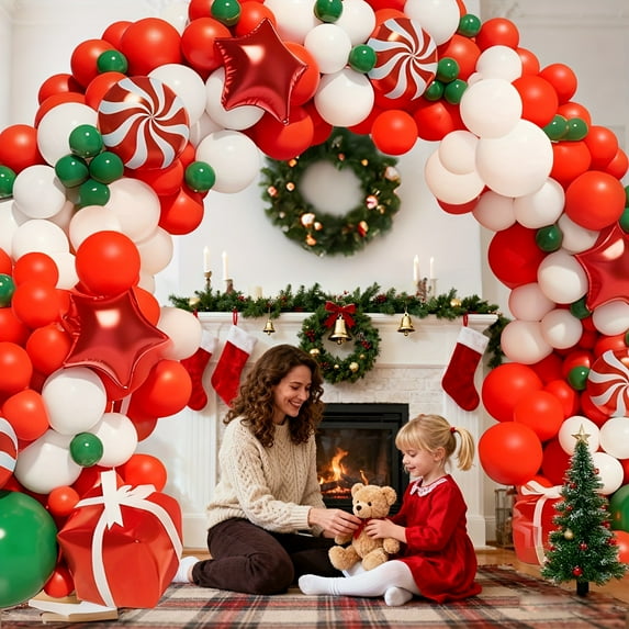 130pcs Christmas Balloon Garland Arch Kit with Red, Green, White, Golden, Black, & White Balloons - Large Balloon Garland with Red & White Striped Balloons