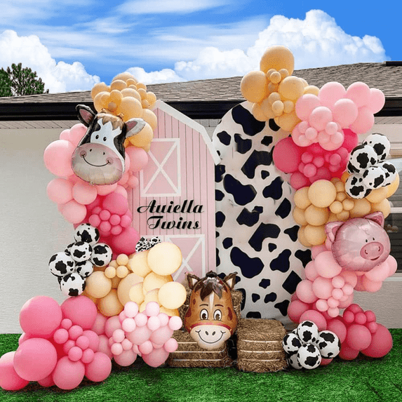 130pcs Farm Cow Animal Theme Balloon Chain Garland Arch Set with Cows, Horses, Pigs & More - Rose Pink Balloons for Birthday, Prom, or Party Decorations