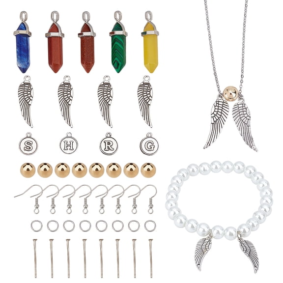 130pcs Mixed Gemstone Pointed Pendants Magic Theme Finding Set Quidditch Snitch DIY Kit Including Tibetan Style Alloy Charms Brass Beads Iron Jump Rings Earring Hooks Flat Head Pins