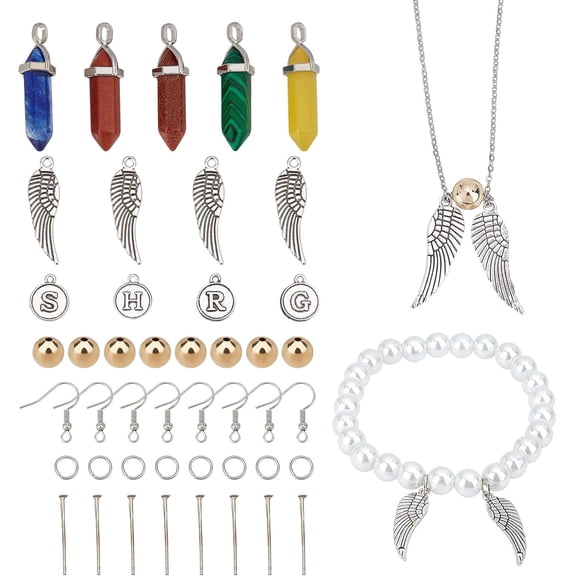 130pcs Mixed Gemstone Pointed Pendants Magic Theme Finding Set Quidditch Snitch DIY Kit Including Tibetan Style Alloy Charms Brass Beads Iron Jump Rings Earring Hooks Flat Head Pins DIY Making