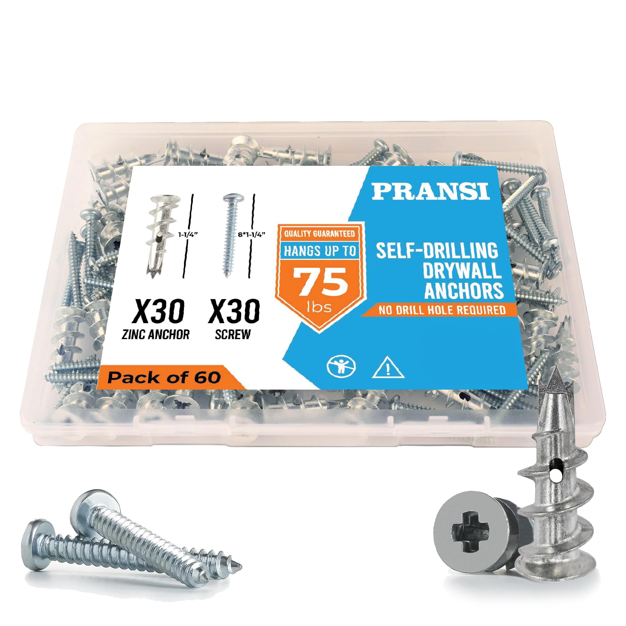 130pcs Self Drilling Drywall Anchors and Screws Kit | #8 x 1-1/4” Drywall Screws and Anchors for Sheetrock | No Pre-Drill Required | Dry Wall Anchors for Drywall Heavy Duty | Holds Up to 75lbs