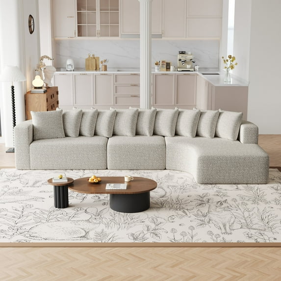 131.1 Inch Chenille Sectional Sofa Set With 10 Pillows, Modern L Shaped Curved Couch For Living Room, Right Chaise Fabric Corner Sofa, No Assembly Required