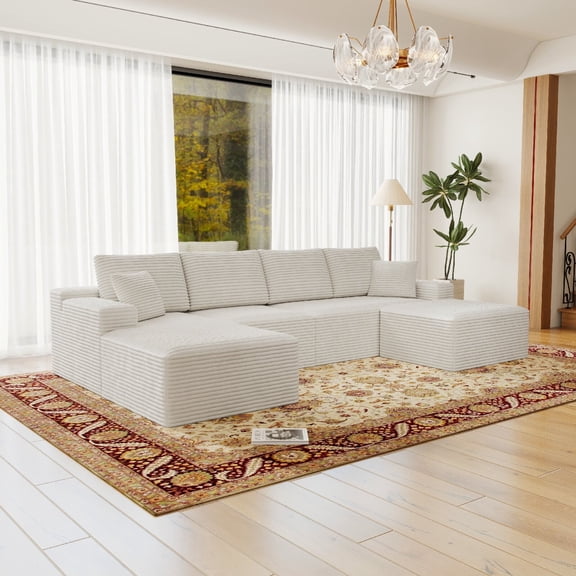 131.9" Modular Sectional Sofa Seat, Plush Corduroy Fabric Upholstered Compressed Sofa Couch for Living Room, Apartment, 4 PC Free Combination, No Assembly Required, White