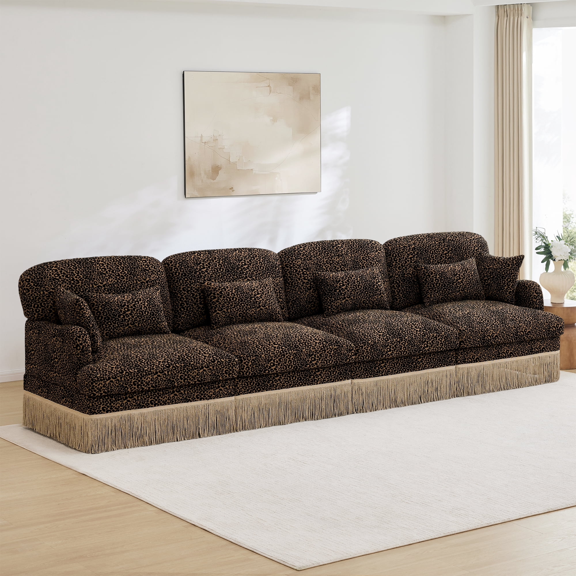 131" Chenille Leopard Tassel Deep Seat 4 Seater Sofa Couch with 6 Throw Pillows