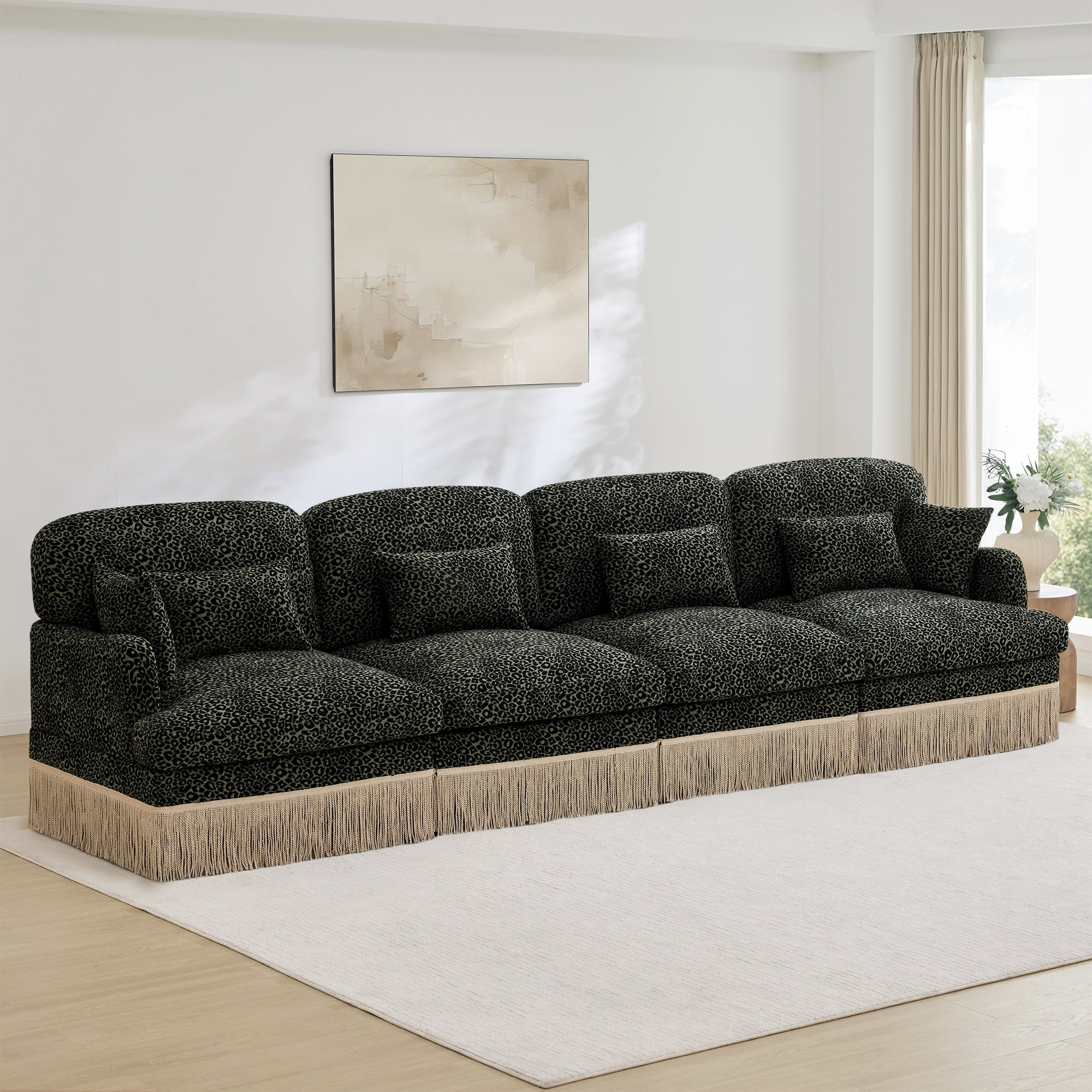 131" Chenille Leopard Tassel Deep Seat 4 Seater Sofa Couch with 6 Throw Pillows